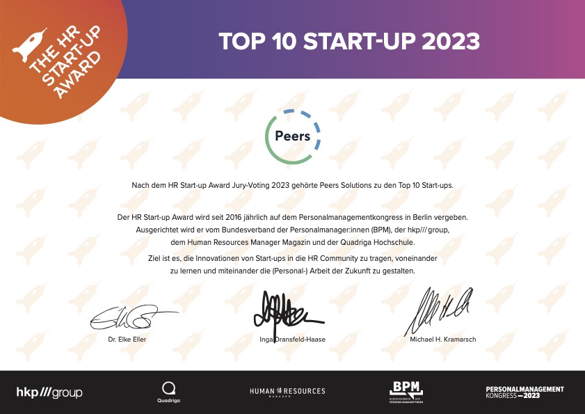 Zertifikat: TOP 10 START-UP 2023. Nach dem HR Start-up Award Jury-Voting 2023 gehörte Peers Solutions zu den Top 10 Start-ups.